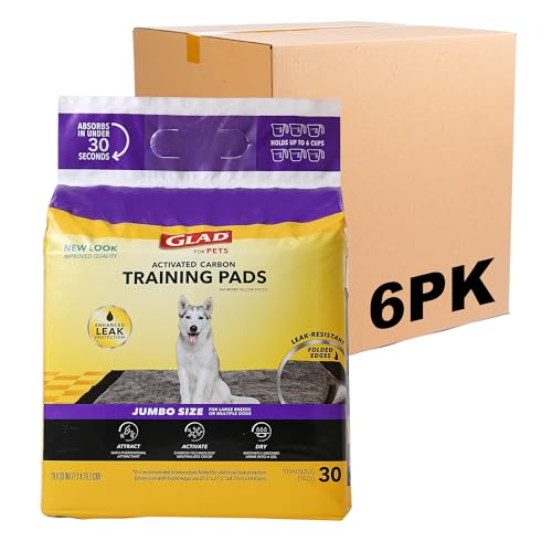 Glad for Pets JUMBO-SIZE Charcoal Puppy Pads, All-in-One | Black Training Pads That ABSORB & Neutralize Urine Instantly | New & Improved Quality Puppy Pee Pads, 30 Count - 6 Pack