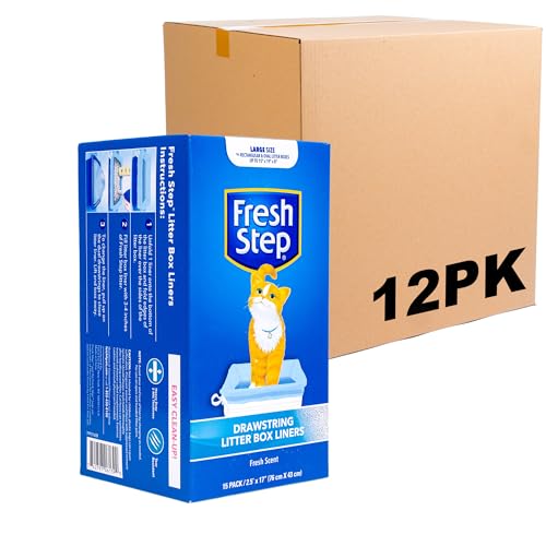 Fresh Step Drawstring Cat Litter Box Liners, Fresh Scent, Size Large, 30" x 17" | Kitty Litter Bags - Cat Litter Liners for Rectangle or Oval Litterboxes, 15 Count - 12 Pack