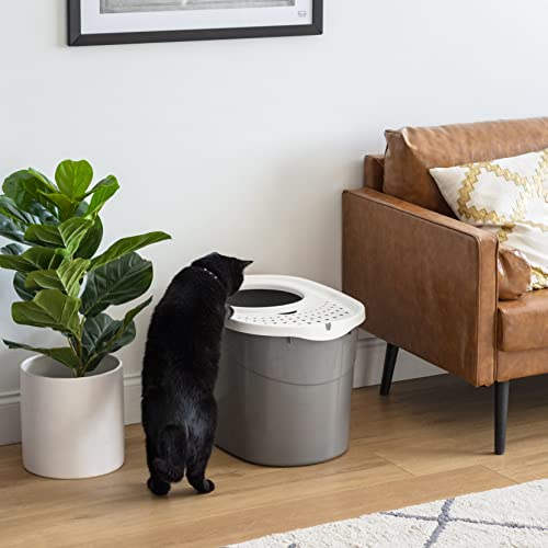 IRIS USA Cat Litter Box, Large Top Entry with Litter Catching Lid and Scoop, Dog Proof, Enclosed Cat Litter Box, Gray/White