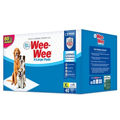 Four Paws Wee-Wee Superior Performance Unscented Extra-Large Pee Pads for Dogs & Puppies, Quilted Leak-Proof Dog Housebreaking Potty Training Floor Protection, 28" x 34", 40 Count