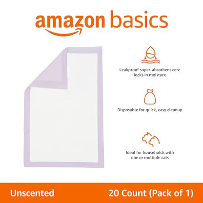 Amazon Basics Cat Litters Pee Pads, 20 Count, Universal Fit for Litter Box, Odor Control, Unscented, Purple and White