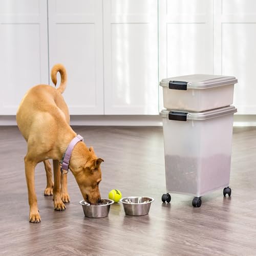 IRIS USA Dog Food Storage Container, 30 lbs & 11 lbs Combo, Cat Food Storage Container, Dog Treat Container, Airtight, Stackable, 2-Cup Scoop, Wheels, Easy Mobility, Silver