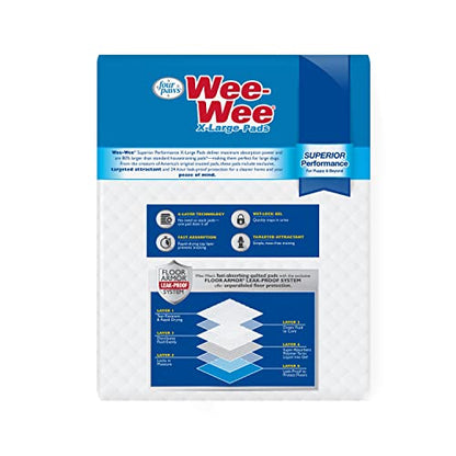 Four Paws Wee-Wee Superior Performance Unscented Extra-Large Pee Pads for Dogs & Puppies, Quilted Leak-Proof Dog Housebreaking Potty Training Floor Protection, 28" x 34", 21 Count
