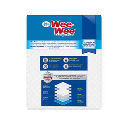 Four Paws Wee-Wee Superior Performance Unscented Extra-Large Pee Pads for Dogs & Puppies, Quilted Leak-Proof Dog Housebreaking Potty Training Floor Protection, 28" x 34", 21 Count