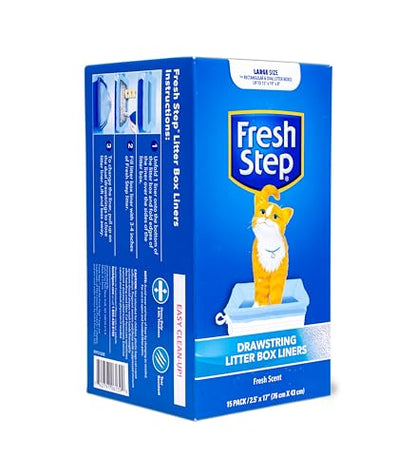 Fresh Step Drawstring Cat Litter Box Liners, Fresh Scent, Size Large, 30" x 17" | Kitty Litter Bags - Cat Litter Liners for Rectangle or Oval Litterboxes, 15 Count - 12 Pack