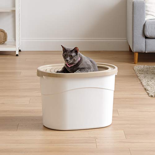 IRIS USA Cat Litter Box, Large Top Entry with Litter Catching Lid and Scoop, Dog Proof, Enclosed Cat Litter Box, White/Beige