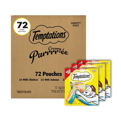 Temptations Creamy Puree with Chicken, Salmon, and Tuna Squeezable Lickable Wet Cat Treat Variety Pack, 0.42 oz. Tubes, 3 Packs of 24 (72 Total)