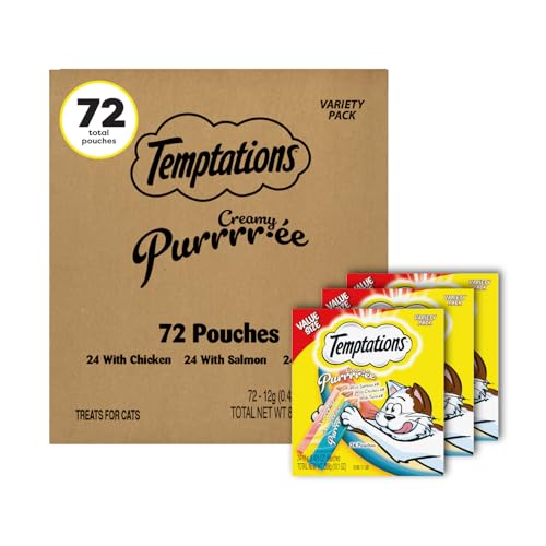 Temptations Creamy Puree with Chicken, Salmon, and Tuna Squeezable Lickable Wet Cat Treat Variety Pack, 0.42 oz. Tubes, 3 Packs of 24 (72 Total)
