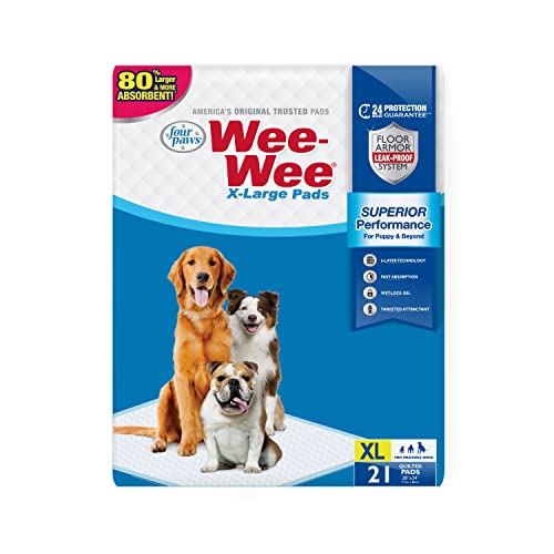 Four Paws Wee-Wee Superior Performance Unscented Extra-Large Pee Pads for Dogs & Puppies, Quilted Leak-Proof Dog Housebreaking Potty Training Floor Protection, 28" x 34", 21 Count