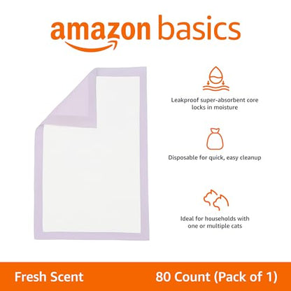 Amazon Basics Cat Pee Pads, 80 Count, Universal Fit for Litter Box, Odor Control with Fresh Scent, White/Purple
