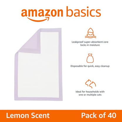 Amazon Basics Cat Litters Pee Pads, 40 Count, Universal Fit for Litter Box, Odor Control with Lemon Scent, Purple and White