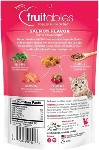 Fruitables Cat Treats, Healthy Treats For Cats, Low Calorie and Packed with Protein, Crunchy Biscuits, Free of Wheat, Corn and Soy, Made with Real Salmon and Cranberry, 2.5oz