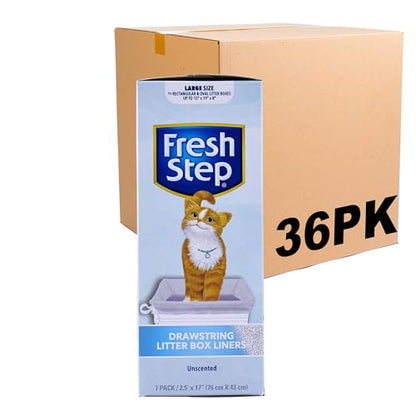Fresh Step Drawstring Cat Litter Box Liners, Unscented, Size Large, 30" x 17" | Kitty Litter Bags - 7 Count - 36 Pack, Cat Litter Liners for All Cats to Keep Your Home Clean