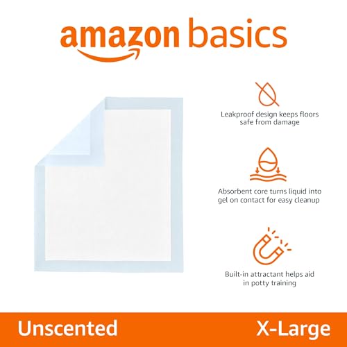 Amazon Basics Dog and Puppy Pee Pads with 5-Layer Leak-Proof Design and Quick-Dry Surface for Potty Training, Standard Absorbency, X-Large, 28 x 34 Inch - Pack of 60, Blue & White - topratednest