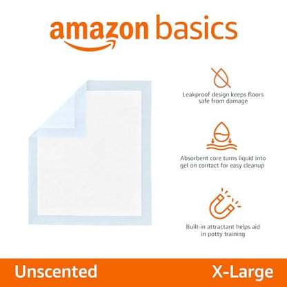 Amazon Basics Dog and Puppy Pee Pads with 5-Layer Leak-Proof Design and Quick-Dry Surface for Potty Training, Standard Absorbency, X-Large, 28 x 34 Inch - Pack of 60, Blue & White - topratednest