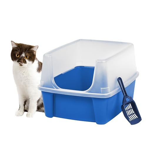 IRIS USA Large Cat Litter Box with Scatter Shield and Scoop, Open Top High Sided Cat Litter Pan, Blue