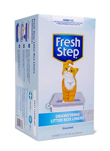 Fresh Step Drawstring Cat Litter Box Liners, Unscented, Size Jumbo, 36" x 19" | Kitty Litter Bags - Cat Litter Liners for Rectangle or Oval Large Litterboxes, 15 Count - 12 Pack