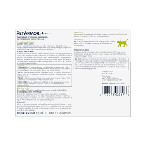 PetArmor Plus Flea and Tick Prevention for Cats, Cat Flea and Tick Treatment, 3 Doses, Waterproof Topical, Fast Acting, Cats Over 1.5 lbs