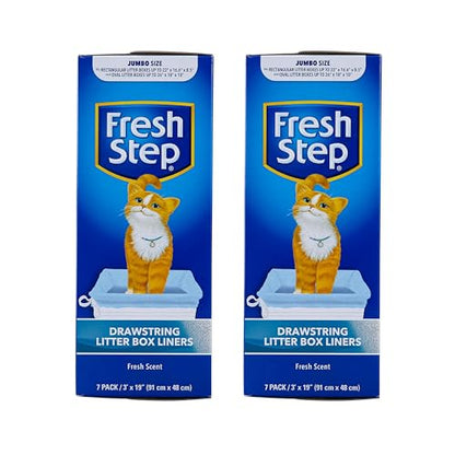 Fresh Step Drawstring Cat Litter Box Liners, Scented, Jumbo Size, 36" x 19" - 7 Count Per Box, 2 Boxes, Kitty Litter Bags, Cat Litter Liners for All Cats to Keep Your Home Clean