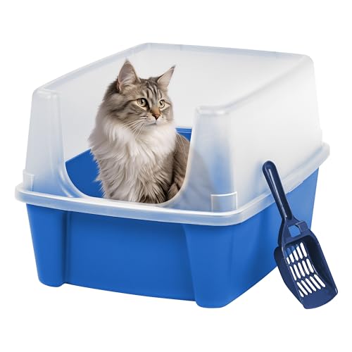 IRIS USA Large Cat Litter Box with Scatter Shield and Scoop, Open Top High Sided Cat Litter Pan, Blue