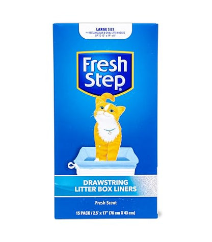 Fresh Step Drawstring Cat Litter Box Liners, Fresh Scent, Size Large, 30" x 17" | Kitty Litter Bags - Cat Litter Liners for Rectangle or Oval Litterboxes, 15 Count - 12 Pack
