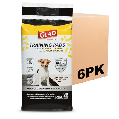 Glad for Pets Activated Carbon Puppy Training Pads with Anti-Microbial Technology, 23"x23" | Ultra Absorbent, Odor Control, Heavy Duty Puppy Potty Training Pads, 30ct - 6 Pack
