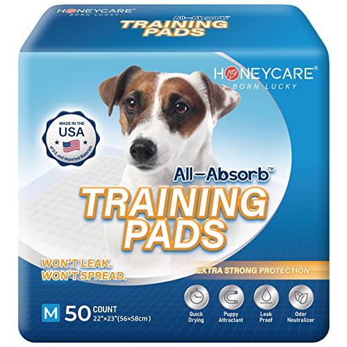Honey Care All-Absorb Puppy Training Pads Made in The USA! Ultra Absorbent and Odor Eliminating, Leak-Proof 5-Layer Potty Training Pads 22"x23" with Quick-Dry Surface