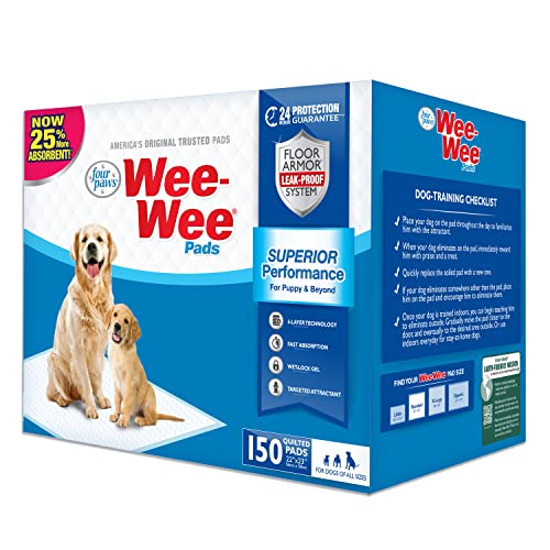 Four Paws Wee-Wee Superior Performance Unscented Pee Pads for Dogs & Puppies, Quilted Leak-Proof Dog Housebreaking Potty Training Floor Protection, 22" x 23", 150 Count