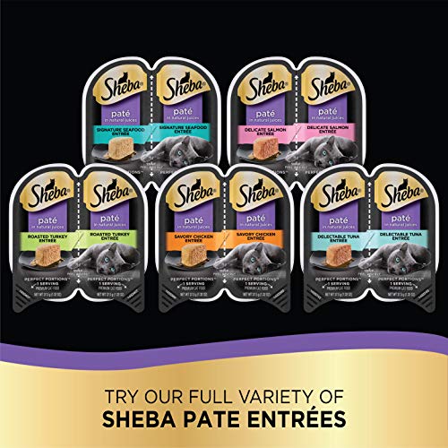 Sheba Perfect Portions Cuts in Gravy Wet Cat Food Variety Pack, Roasted Chicken Entrée, Tender Turkey Entrée, with Sustainable Salmon, and with Sustainable Tuna, 2.6 oz. Trays (48 Count, 96 Servings)