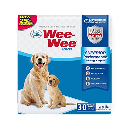 Four Paws Wee-Wee Superior Performance Unscented Pee Pads for Dogs & Puppies, Quilted Leak-Proof Dog Housebreaking Potty Training Floor Protection, 22" x 23", 30 Count