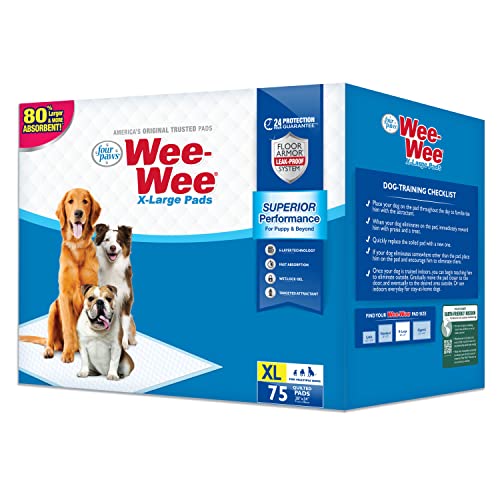 Four Paws Wee-Wee Superior Performance XL Pee Pads for Extra Large Dogs, Leak-Proof Floor Protection Dog & Puppy Quilted Potty Training Pads, Unscented, 28" x 34" (75 Count)
