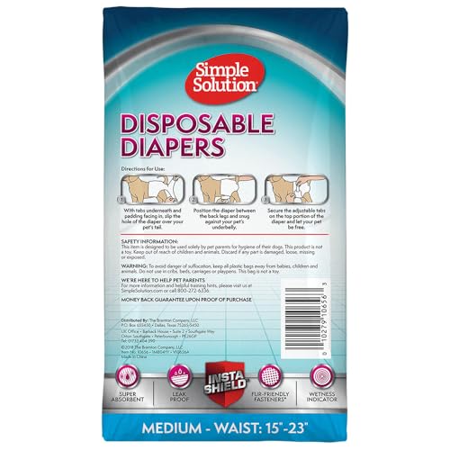 Simple Solution Disposable Dog Diapers for Female Dogs, True Fit, Absorbent, Leak Proof with Wetness Indicator, Puppy & Doggie Period Pad and Pee Diaper, for Medium Pets, 15-23 Inch Waist, 12 Count