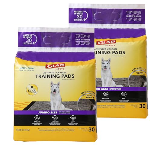 Glad for Pets JUMBO-SIZE Charcoal Puppy Pads, All-in-One | Black Training Pads That ABSORB & Neutralize Urine Instantly | New & Improved Quality Puppy Pee Pads, 30 Count - 2 Pack