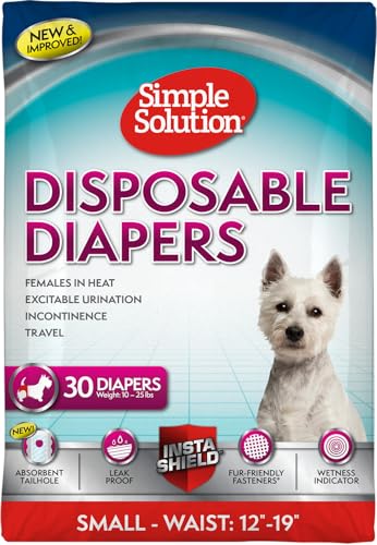 Simple Solution Disposable Dog Diapers for Female Dogs, True Fit, Absorbent, Leak Proof with Wetness Indicator, Puppy & Doggie Period Pad and Pee Diaper, For Small Pets, 12–19-Inch Waist, 30 Count