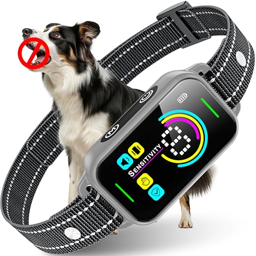 DINJOO Bark Collar, Dog Bark Collar for Large Medium Small Dogs,Smart Bark Collar,Rechargeable Anti Barking Training Collar with 8 Adjustable Sensitivity,Bark Collar with Beep (Grey)