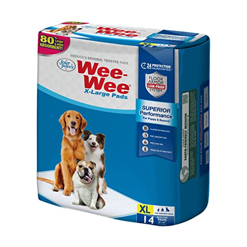 Four Paws Wee-Wee Superior Performance Unscented Extra-Large Pee Pads for Dogs & Puppies, Quilted Leak-Proof Dog Housebreaking Potty Training Floor Protection, 28" x 34", 14 Count