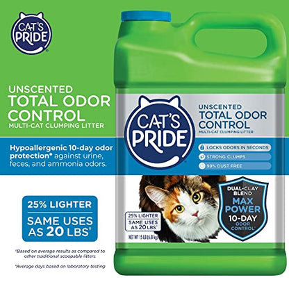 Cat's Pride Max Power: Total Odor Control - Up to 10 Days of Powerful Odor Control - Strong Clumping - Hypoallergenic - 99% Dust Free - Multi-Cat Litter, Unscented, 15 Pounds