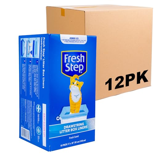 Fresh Step Drawstring Cat Litter Box Liners, Fresh Scent, Size Jumbo, 36" x 19" | Kitty Litter Bags - Cat Litter Liners for Rectangle or Oval Large Litterboxes, 15 Count - 12 Pack