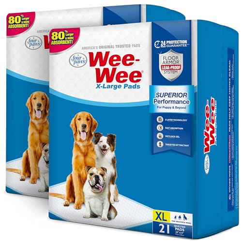 Four Paws Wee-Wee Superior Performance XL Pee Pads for Extra Large Dogs, Leak-Proof Floor Protection Dog & Puppy Quilted Potty Training Pads, Unscented, 28" x 34" (42 Count)