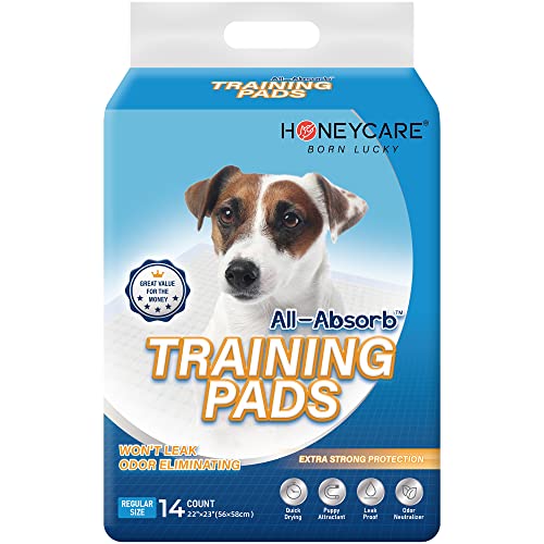 HONEY CARE All-Absorb Dog Pee Pads 22" x 23" (Pack of 14), Ultra Absorbent and Odor Eliminating Puppy Pads for Training, 5-Layer Leak-Proof Pee Pads with Quick-Dry Surface for Potty Training