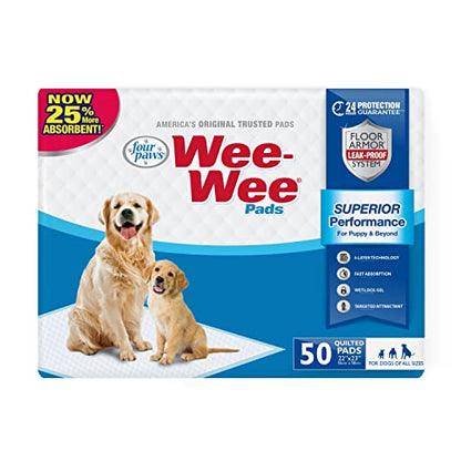 Four Paws Wee-Wee Superior Performance Unscented Pee Pads for Dogs & Puppies, Quilted Leak-Proof Dog Housebreaking Potty Training Floor Protection, 22" x 23", 50 Count