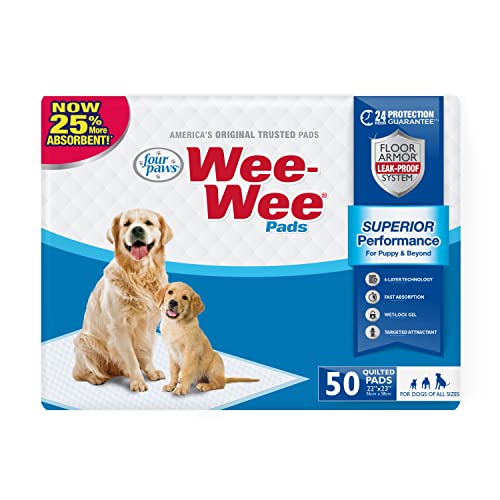 Four Paws Wee-Wee Superior Performance Unscented Pee Pads for Dogs & Puppies, Quilted Leak-Proof Dog Housebreaking Potty Training Floor Protection, 22" x 23", 50 Count
