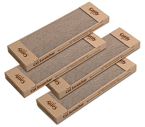 Best Pet Supplies Corrugated Cardboard Cat Scratcher Pads, Lounger, and Fun Interactive Scratching Boards, Claw Safe, Durable, Natural Recycled Materials, Supports Active Play - Narrow 4 Pack