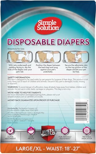 Simple Solution Disposable Dog Diapers for Female Dogs, True Fit, Absorbent, Leak Proof with Wetness Indicator, XL Puppy & Doggie Period Pad and Pee Diaper, for Large Pets, 18-27 Inch Waist, 12 Count