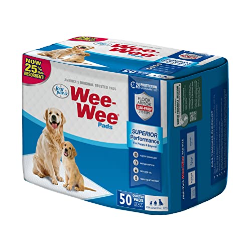 Four Paws Wee-Wee Superior Performance Unscented Pee Pads for Dogs & Puppies, Quilted Leak-Proof Dog Housebreaking Potty Training Floor Protection, 22" x 23", 50 Count
