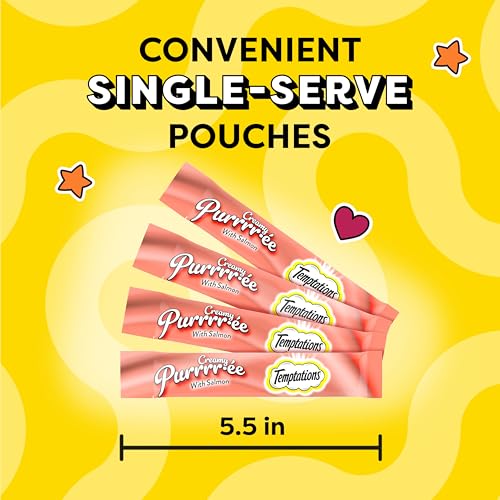 Temptations Creamy Puree with Salmon Lickable, Squeezable Cat Treats, 0.42 oz Pouches, 24 Count