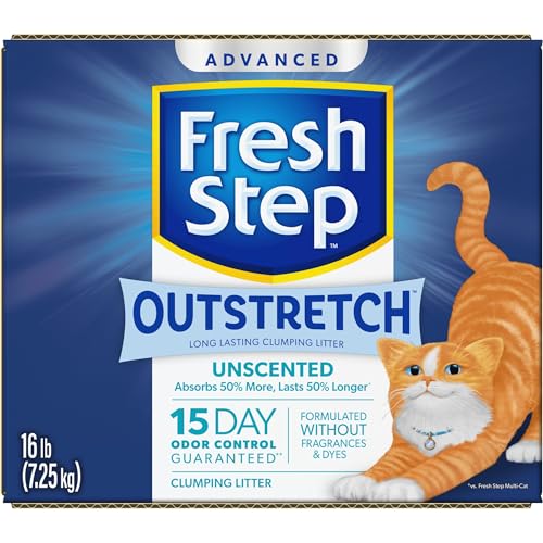 Fresh Step Outstretch Advanced Long Lasting Clumping Litter Simply Unscented, Activated Charcoal Litter Lasts 50% Longer, 32 lbs. (2 x 16 lb. Box)