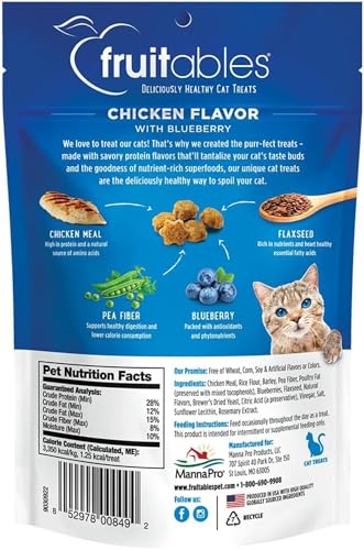 Fruitables Crunchy Low Calorie Treats Packed with Protein For Cats Healthy Free of Wheat, Corn and Soy – Made with Real Chicken with Blueberry – 2.5 Ounces