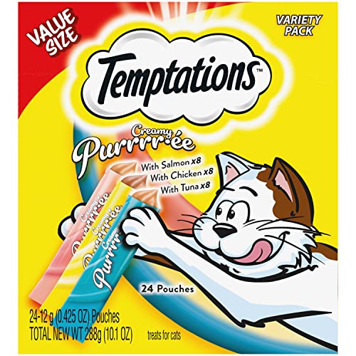 Temptations Creamy Puree with Chicken, Salmon, and Tuna Variety Pack of Lickable, Squeezable Cat Treats, 0.425 Oz Pouches, 24 Count
