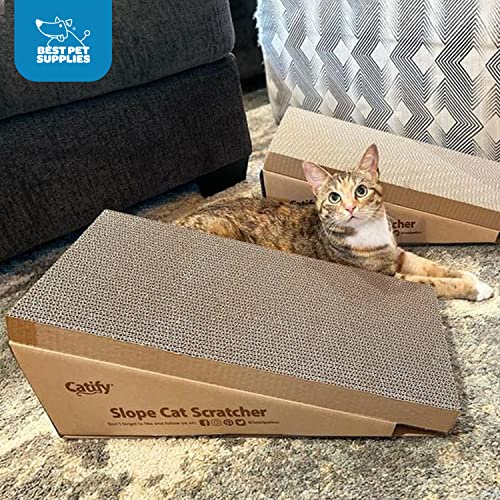 Best Pet Supplies Corrugated Cardboard Cat Scratcher Refill Pads, Lounger, and Fun Interactive Scratching Boards, Claw Safe, Durable, Natural Recycled Materials, Supports Active Play - Slope (2 Pack)